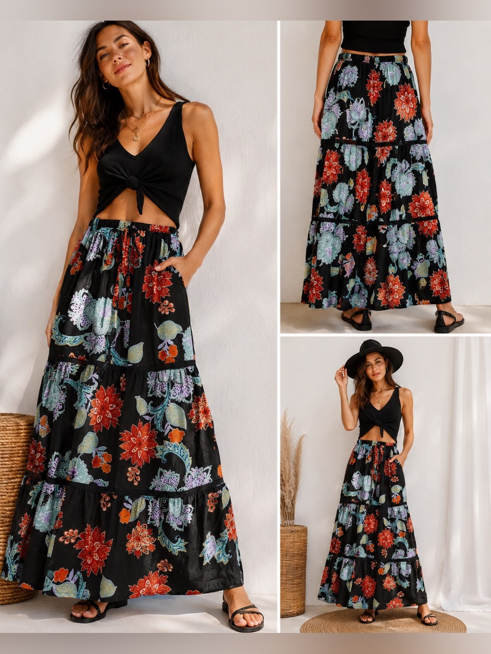 NWT Raga Black Floral Tiered Maxi Skirt Boho Anthropologie S Rare Sample